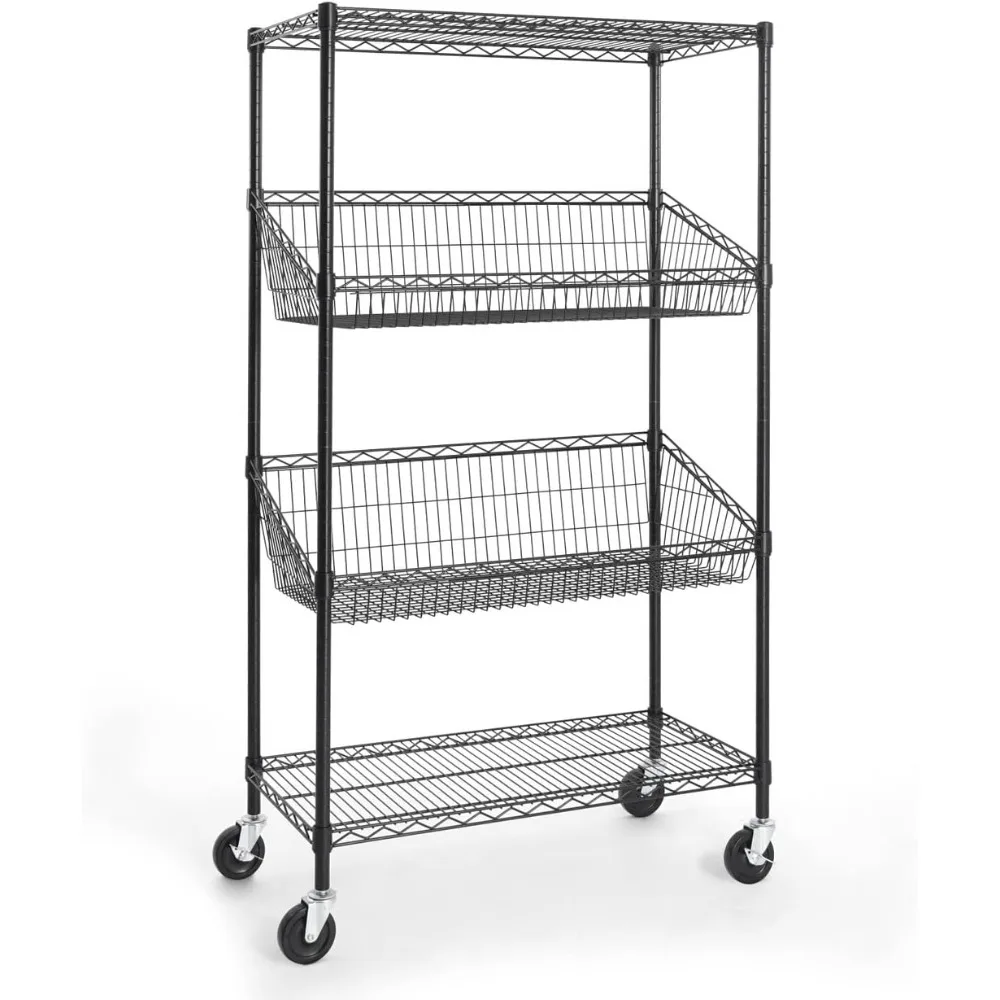 

Commercial Heavy Duty 4 Tier Wire Shelving w/Two Trapezoid Baskets, Wheels, Leveling Feet, Storage Metal Shelf