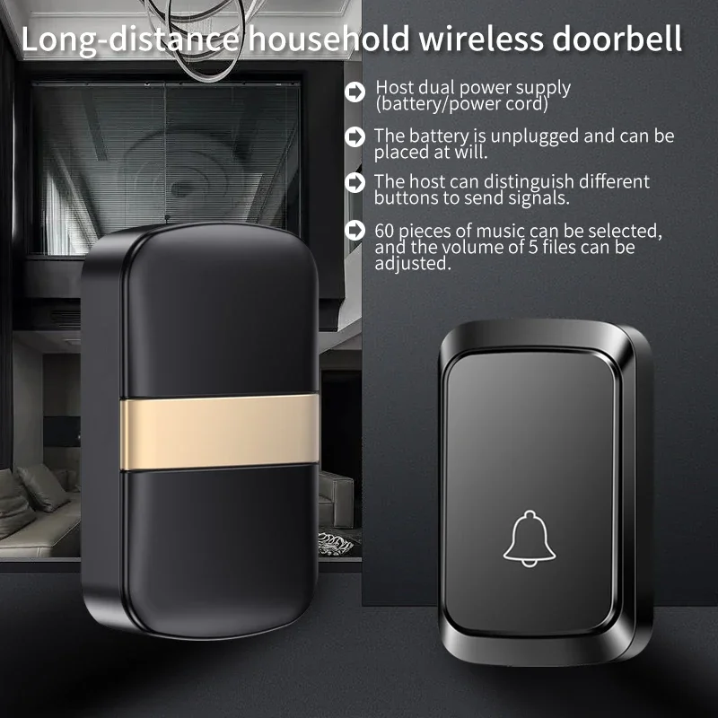 CACAZI Waterproof Wireless Doorbell for Smart Home Night Light Not Included Battery Adjustable Chimes 1 2 3 4 Button Receive