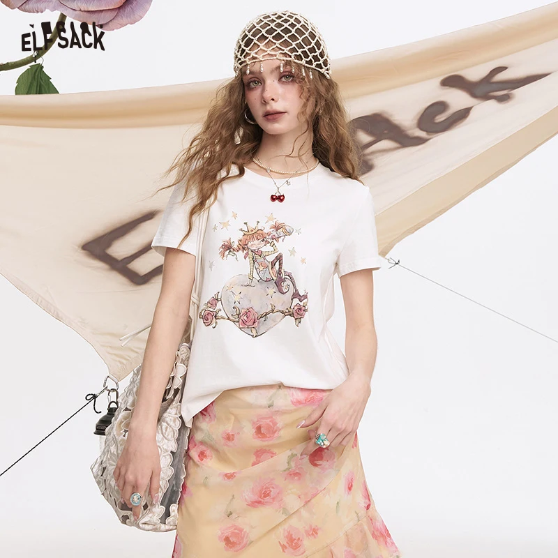 

ELFSACK Cute White Short Sleeve T-Shirt with Cartoon Print, Crop Slim Fit Tee, Casual Versatile Top for Women's Daily Commute