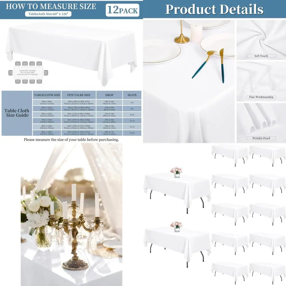

12-Piece Set of 60x126 Inch Rectangle White Tablecloths, Stain & Wrinkle Resistant, Ideal for Dining and Events