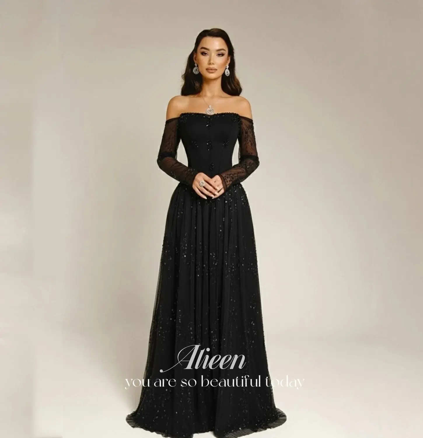 Vestidos de Noche de Lujo Personalizados Aileen para Ocasiones Especiales, Vestido de Noche Negro para Mujer, Vestidos de Fiesta con Encaje, Corte en A, para Graduación