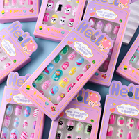 24Pcs/Box Children Pink Cartoon False Nails Kawaii Flower/Ribbit/Heart/Rainbow Press on Nails Full-Cover Short Gril Nail Tips