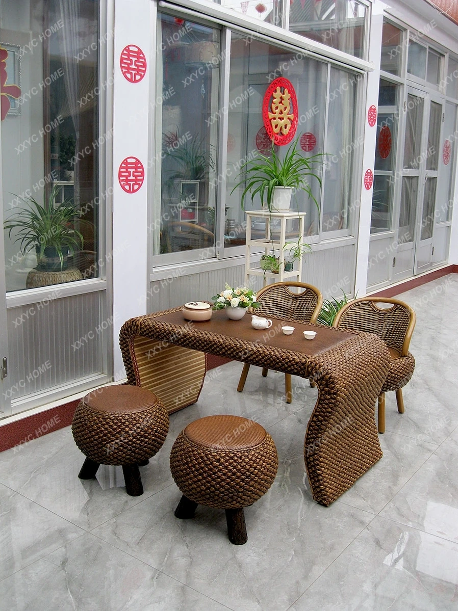 Balcony tea table and chair combination simple rattan solid wood leisure art coffee table Chinese retro kung fu tea table small