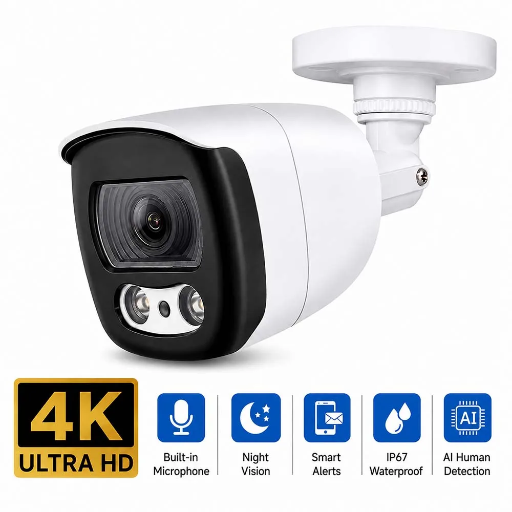 PoE IP Camera 4K/5MP/4MP AI Human Detection Built-in Mic Motion Detection Night Vision IP67 Waterproof ONVIF CCTV NVR Camera