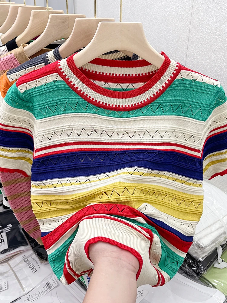

Fashionable Spring Summer Rainbow Stripes Top Women's round Neck Ice Silk Knitted Thin Comfortable Short Sleeve T-Shirt