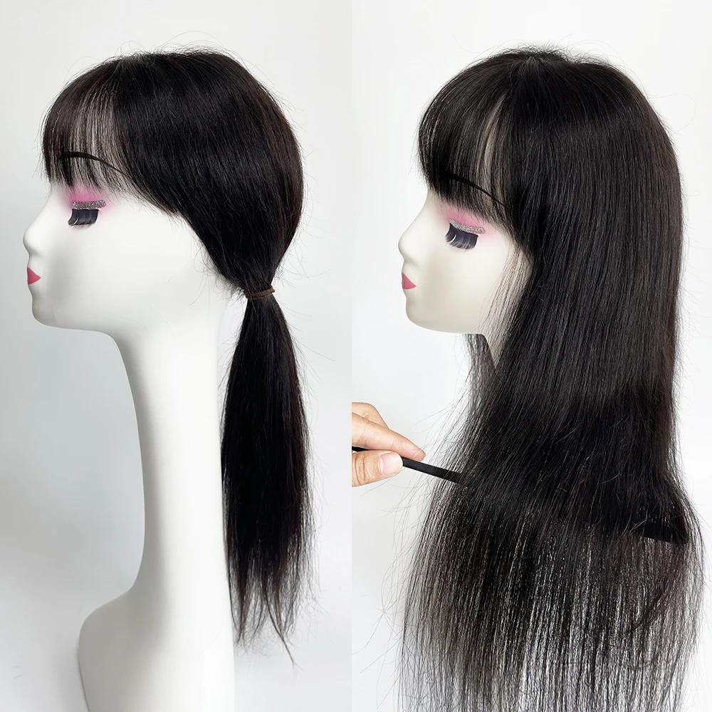4X4 Inch HD Lace Base Wispy Bangs Topper Natural Black Hair Hairpieces with Clips Virgin Straight Human Hair Wefted Topper