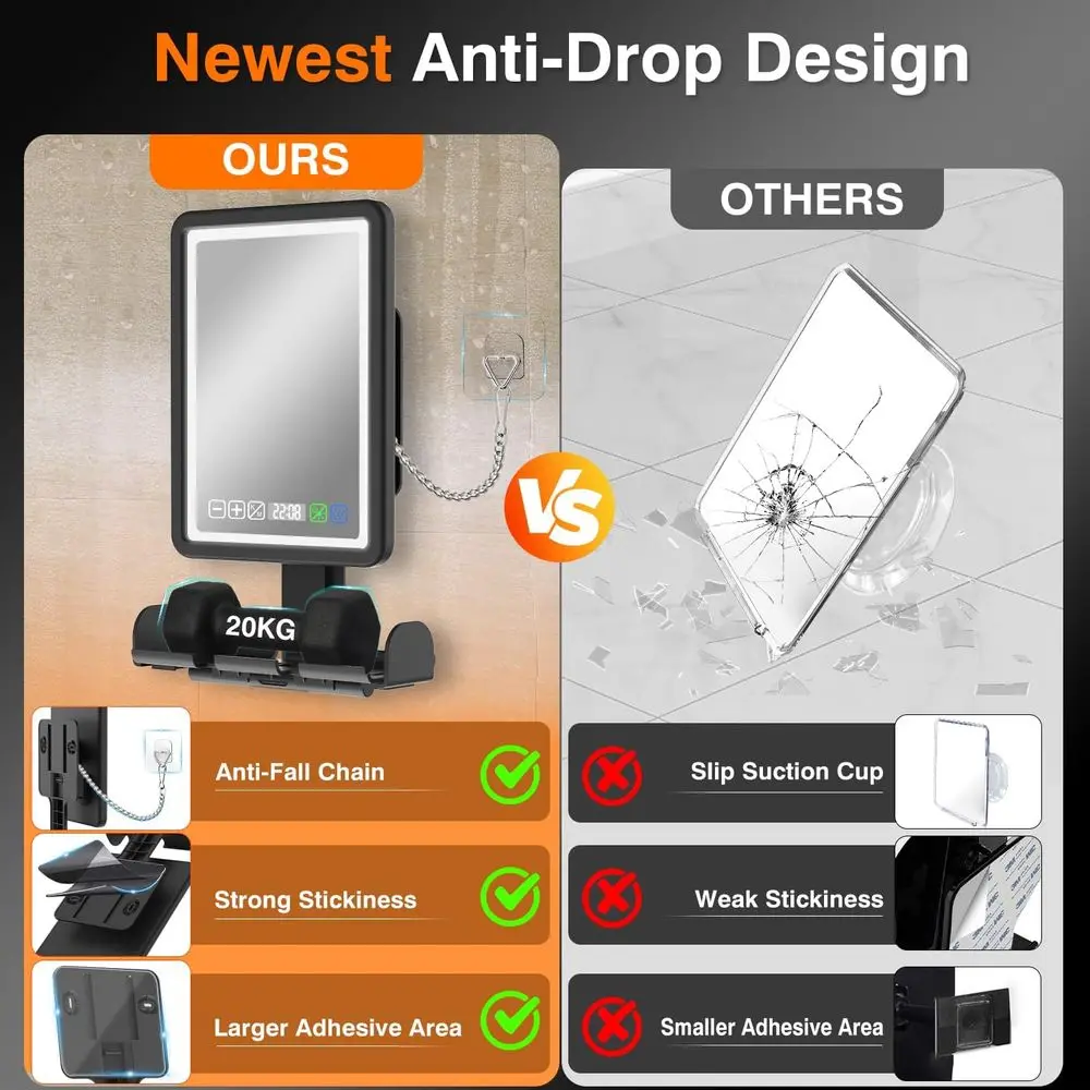 Espelho LED antiembaçante com calor, relógio e armazenamento para barbear no chuveiro