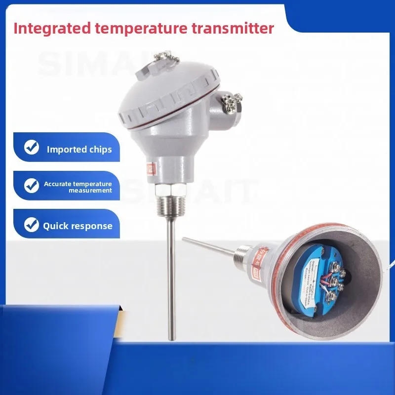 Four-thread Pt100 Temperature Sensor, Thermal Resistance Probe Integrated Temperature Transmitter, Insertion Depth 50mm-600mm