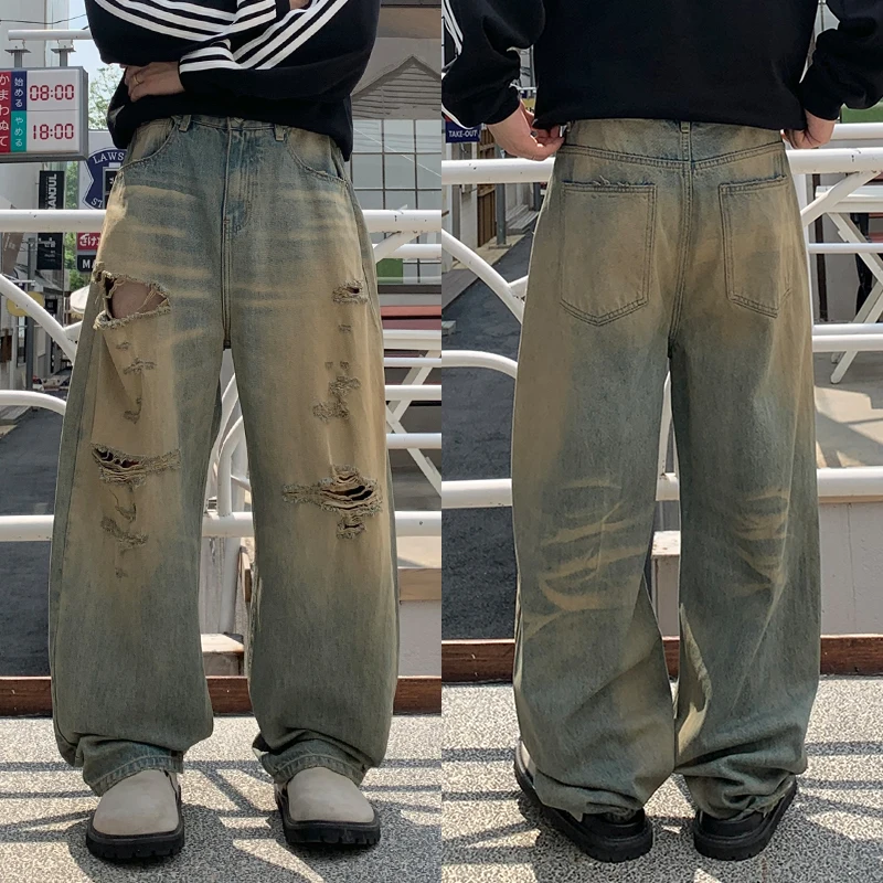 古い、適用、汚れを拭き取り、破れ穴、ジーンズ、メンズのトレンディなブランドストリートメンズ服、ルーズストレートレッグレトロワイドレッグパンツを作る