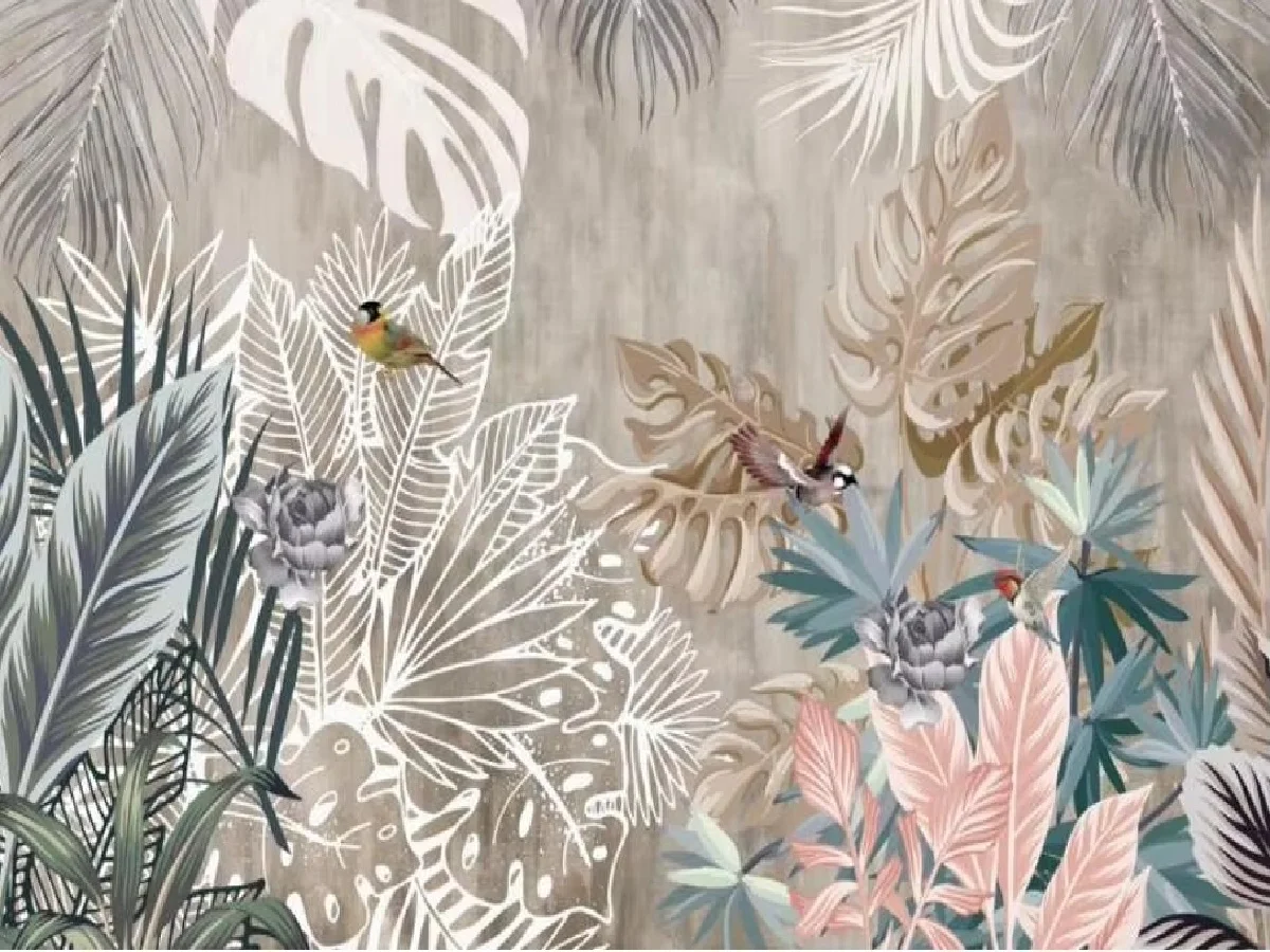 Customized Size Wallpaper Tropical Rainforest Plants Leaves Mural Home Decoration Parrot Flowers Wall Stickers Tapestry murals