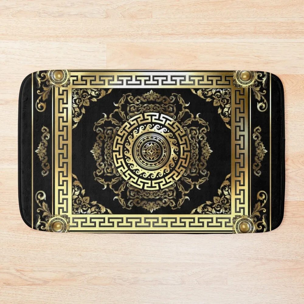 

Baroque Gold Black Greek Key Meander Bath Mat Bathtub Carpet Entrance Carpet Bathroom Supplies Bathroom Deco Mat