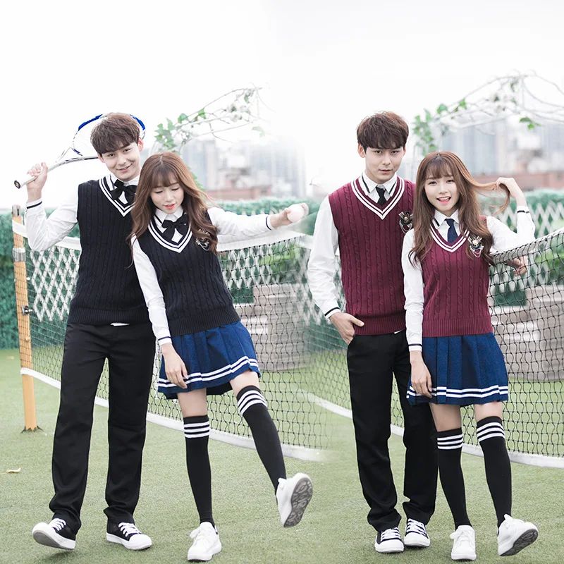 C048 School Uniforms for Elementary Middle School Students Spring Korean Version of The College-style Knitted Sweater Vest Set