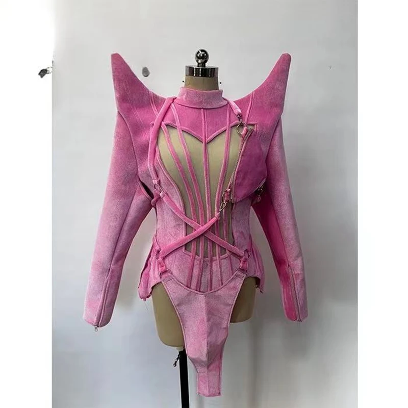 Sexy Women Pink Personalized Shoulder Pad Design Clothing Singer Dancer Dress Performance Costume Modern Dance Stage Outfit