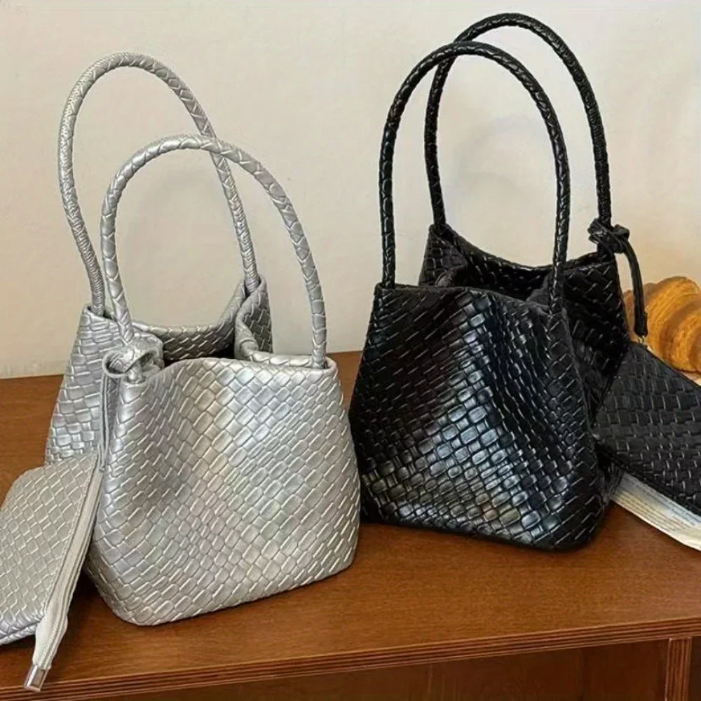 حقيبة يد منسوجة منقوشة لخريف وشتاء 2025 حقيبة دلو نسائية جديدة راقية ذات سعة كبيرة