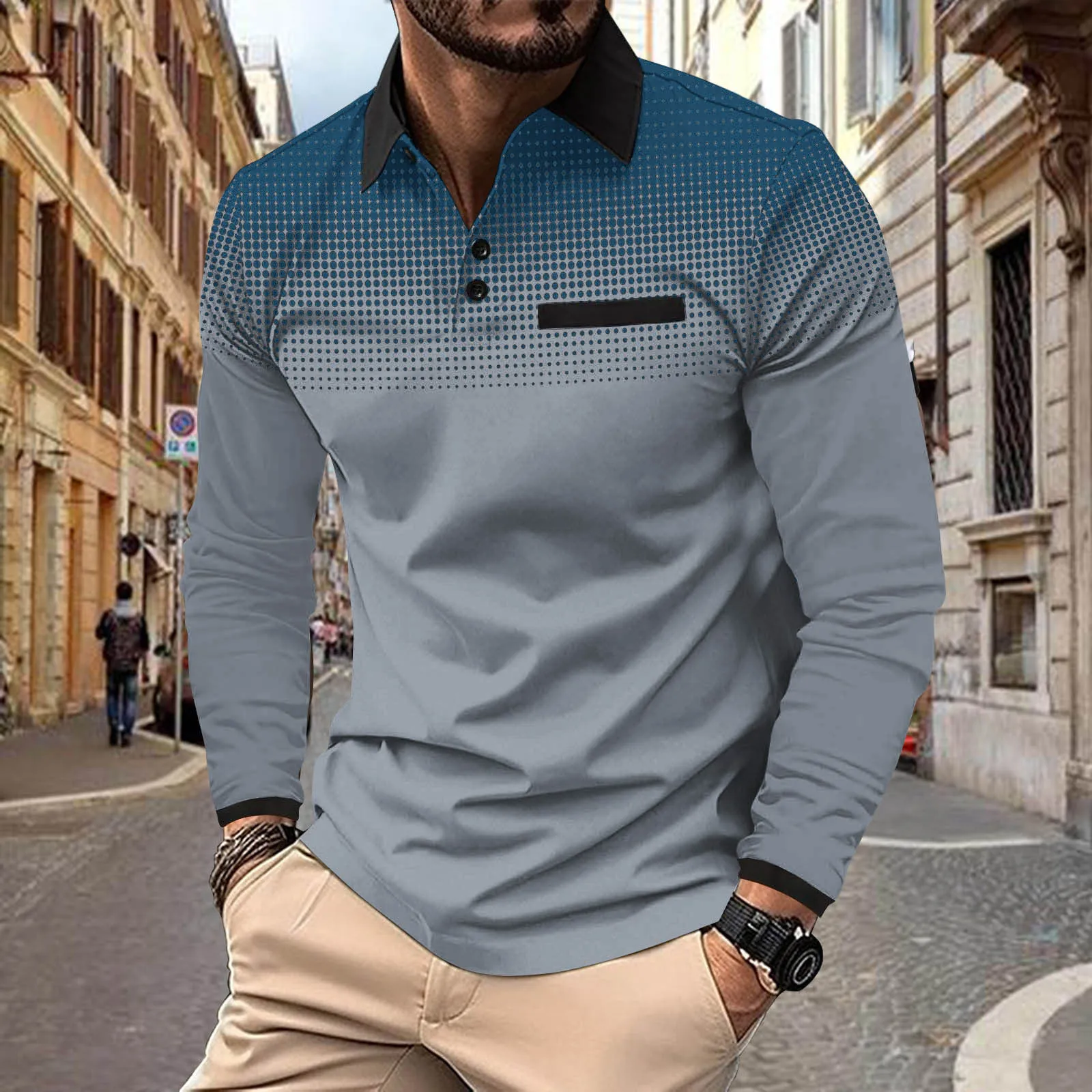 Autumn Men's Long Sleeve POLO Shirt Printed Polka Dot Lapel Track Top