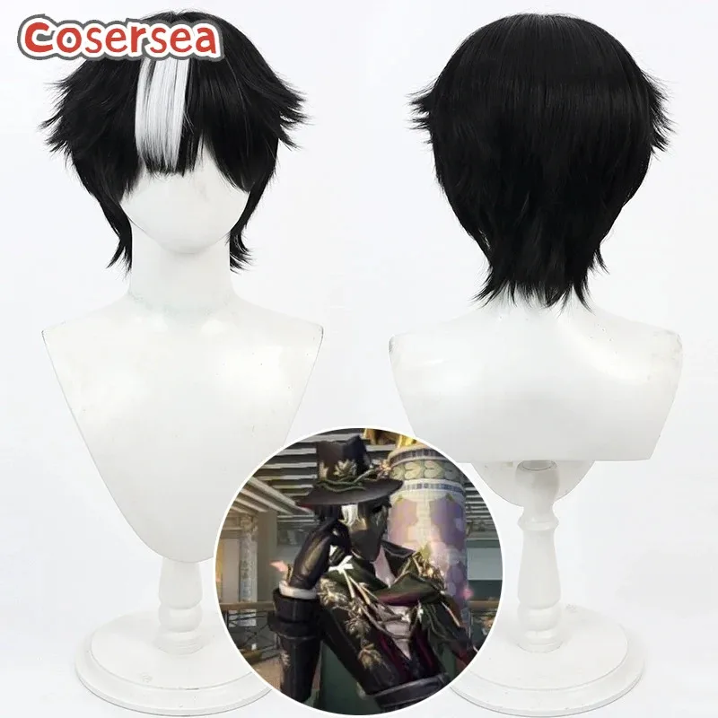 Cosersea ジャック コスプレウィッグ Identity V ジャック ロールプレイ 30cm ショート ストレート ブラック ミックス ホワイト メンズ ウィッグ 合成繊維 耐熱