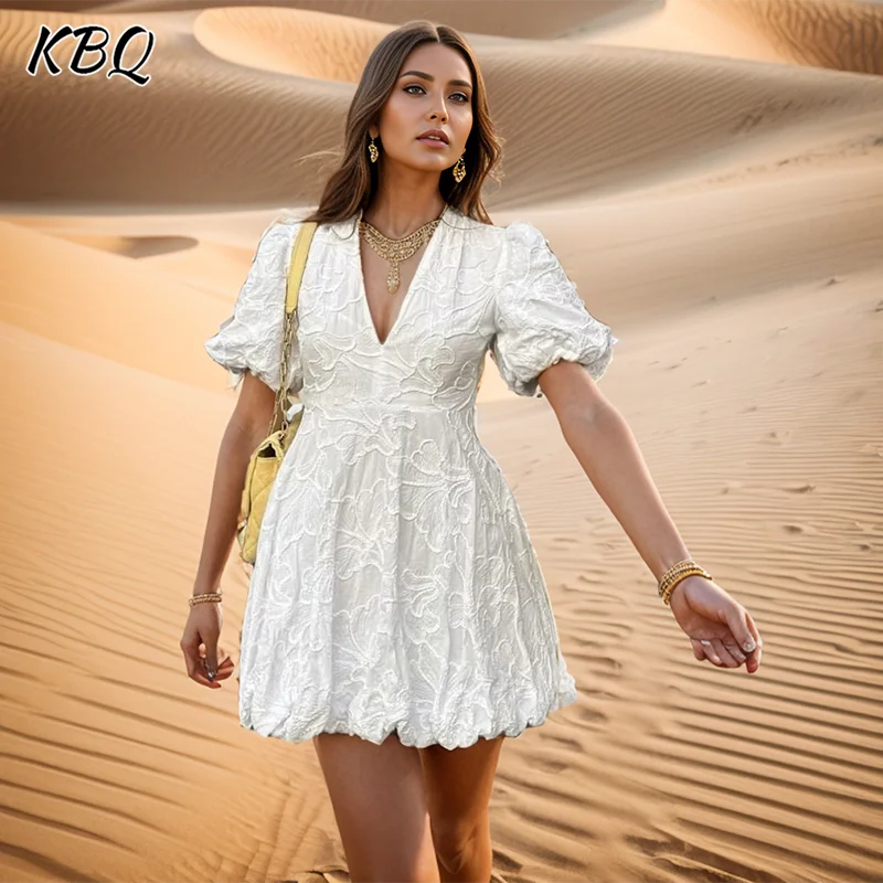 

KBQ Embroidery Slimming Dresses For Women V Neck Puff Sleeve High Waist Temperament Solid Mini Dress Female Fashion Style New