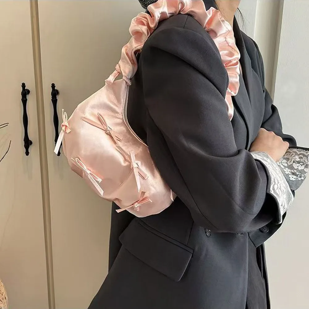 

New Trendy Y2k Bow Pleated Armpit Bag Korean Style Ruffle Bowknot Shoulder Bag Casual Sweet Drawstring Cloud Bag Daily