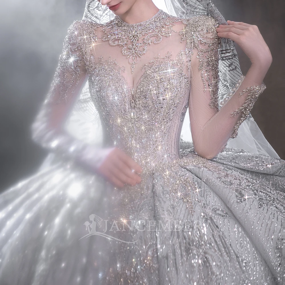 تخصيص الكرة بثوب فساتين الزفاف الراين الأورجانزا ثوب الزفاف الوهم طويلة الأكمام قطار الكاتدرائية Vestido De Noiva