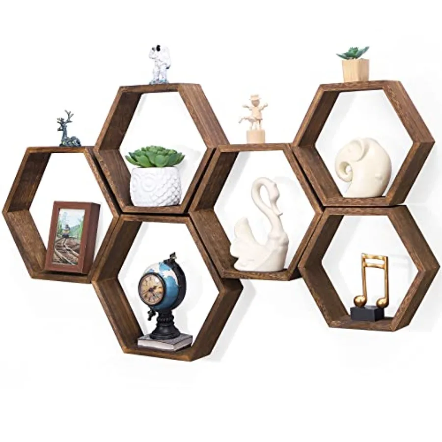 

NOVIMANGO Hexagon Floating Shelves Set of 6 Honeycomb Shelves for Wall Wood Farmhouse Storage Home Decor Shelf Wall Mounted Woo