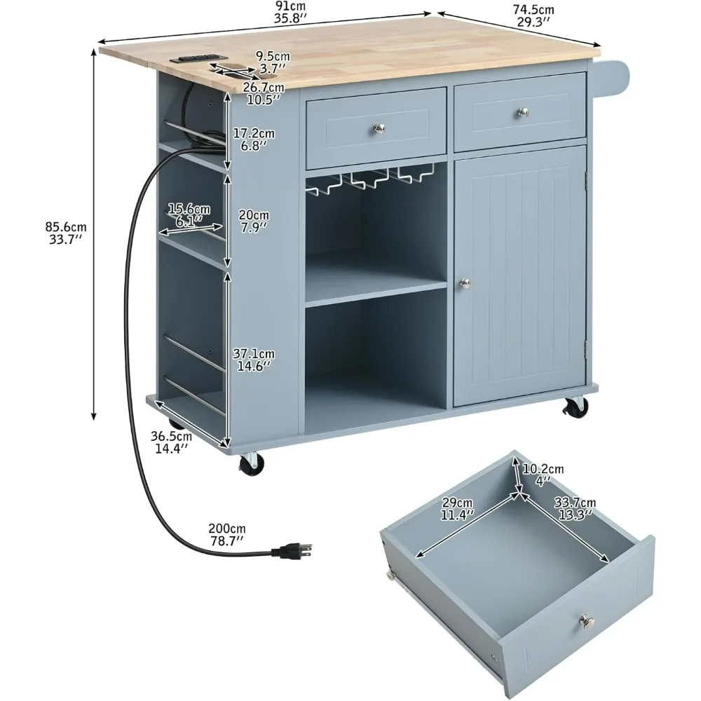 Kitchen Island with Storage Cabinet, Rolling Island Table, Open Storage and Double Drawers, Bar Cart with Drop Leaf Top Trolleys