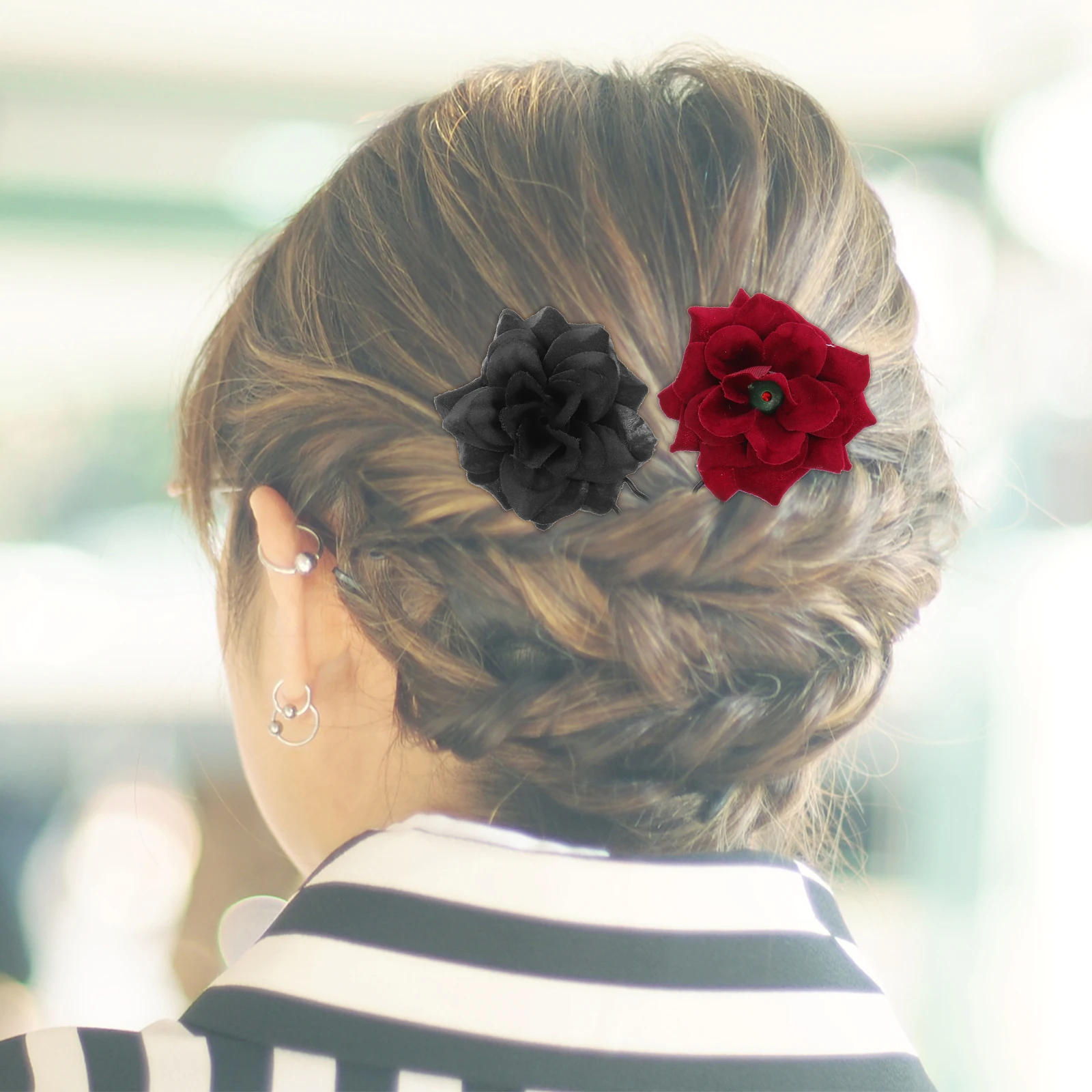 

6pcs Rose Pins Elegant Flower Decor Chignon Stick Bun Women Fork Fabric Updo Wedding Hair Accessories Stylish Hair Tools