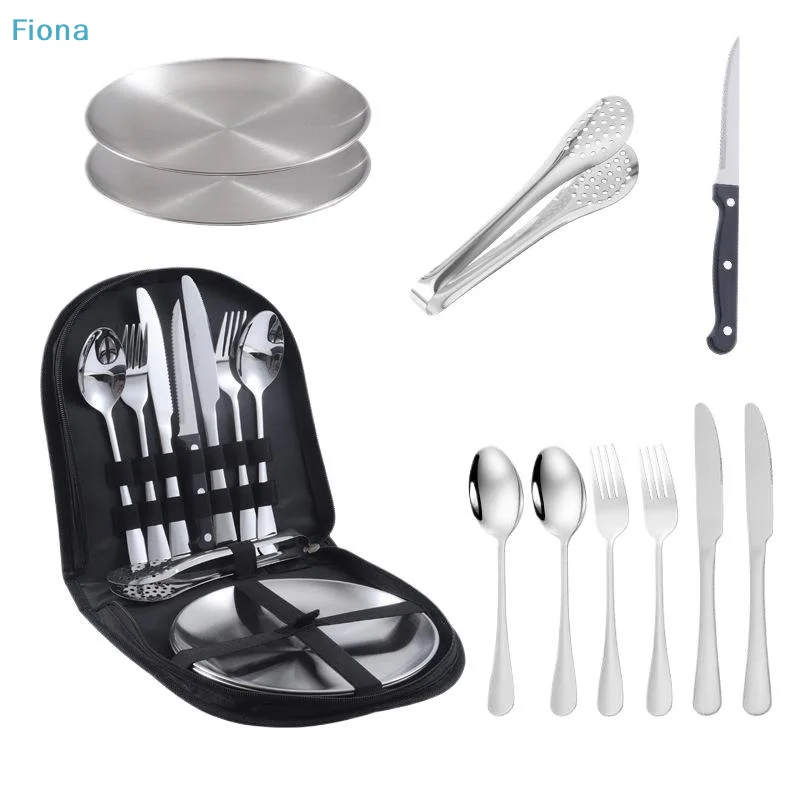 

✔10Pcs Stainless Steel Camping Tableware Set, portable outdoor cutlery with storage bag for picnic and hiking