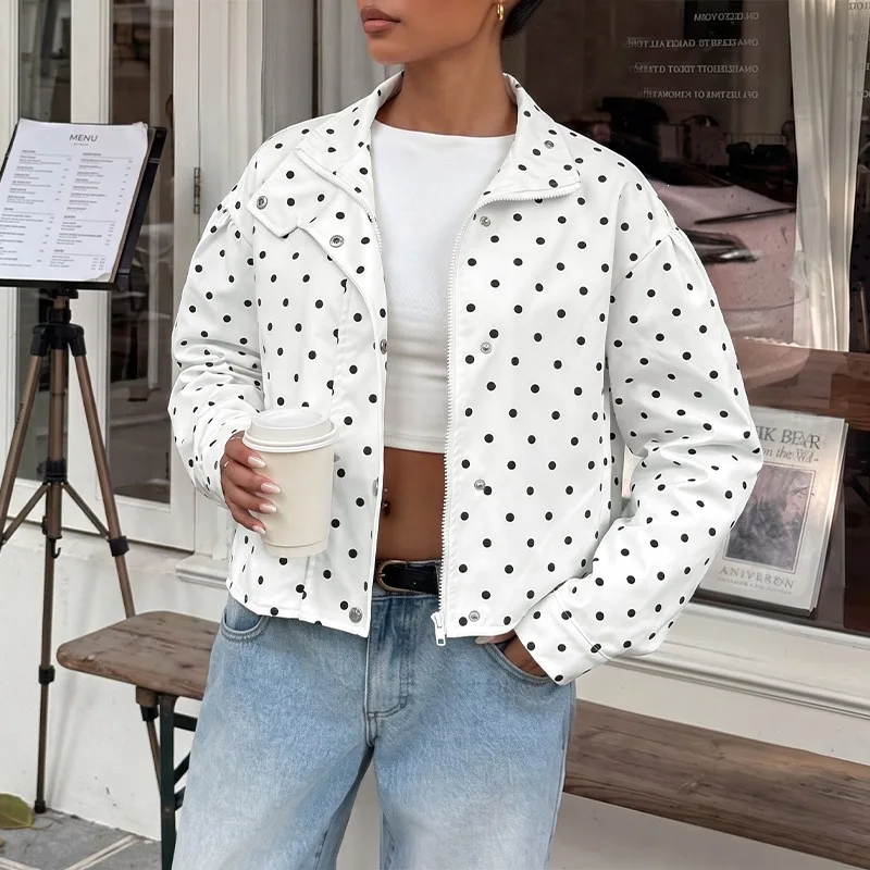 Women's Elegant Polka Dots Moto Jacket Retro Lapel Long Sleeve Zipper Rivet Decor Casual Cropped Biker Coat Streetwear Outerwear