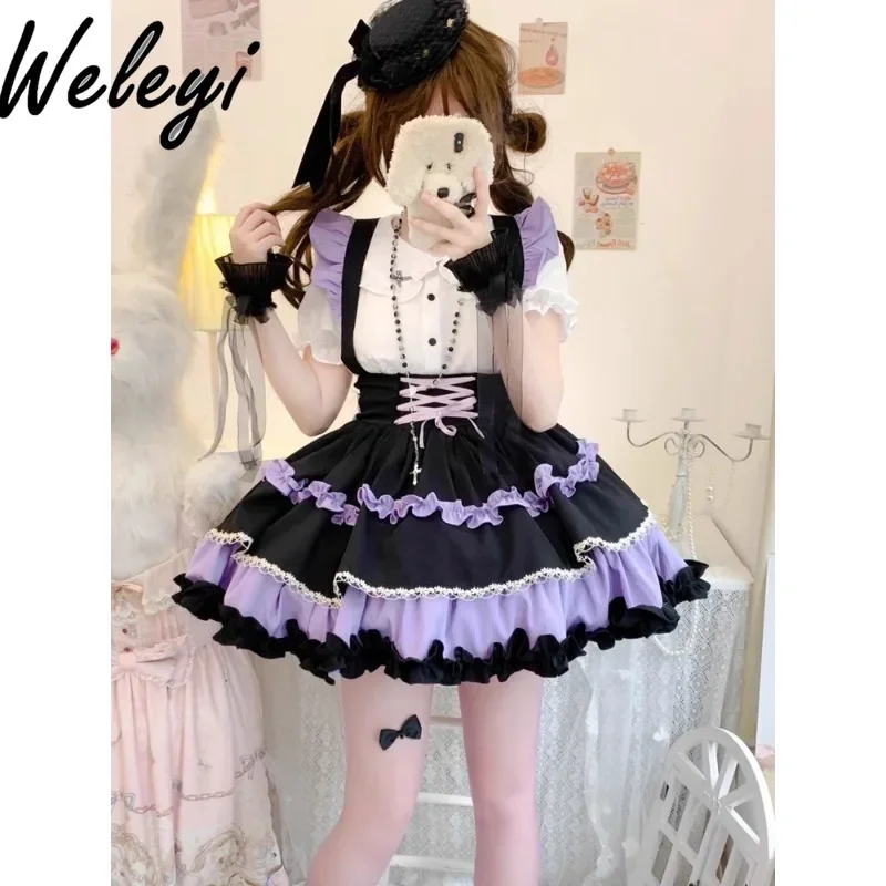 

Cute Two Pieces Sets Women Outifits 2024 Spring and Autumn Lolita Pleated Suspender Skirts White Short Sleeve Doll Collar Shirts