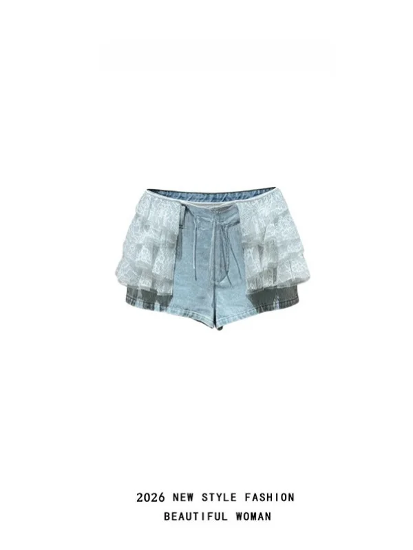 

High Waist Straight Leg Jeans Lace Patchwork Design American Street Style Outlet Short Pants for Women Summer Casual Fashion