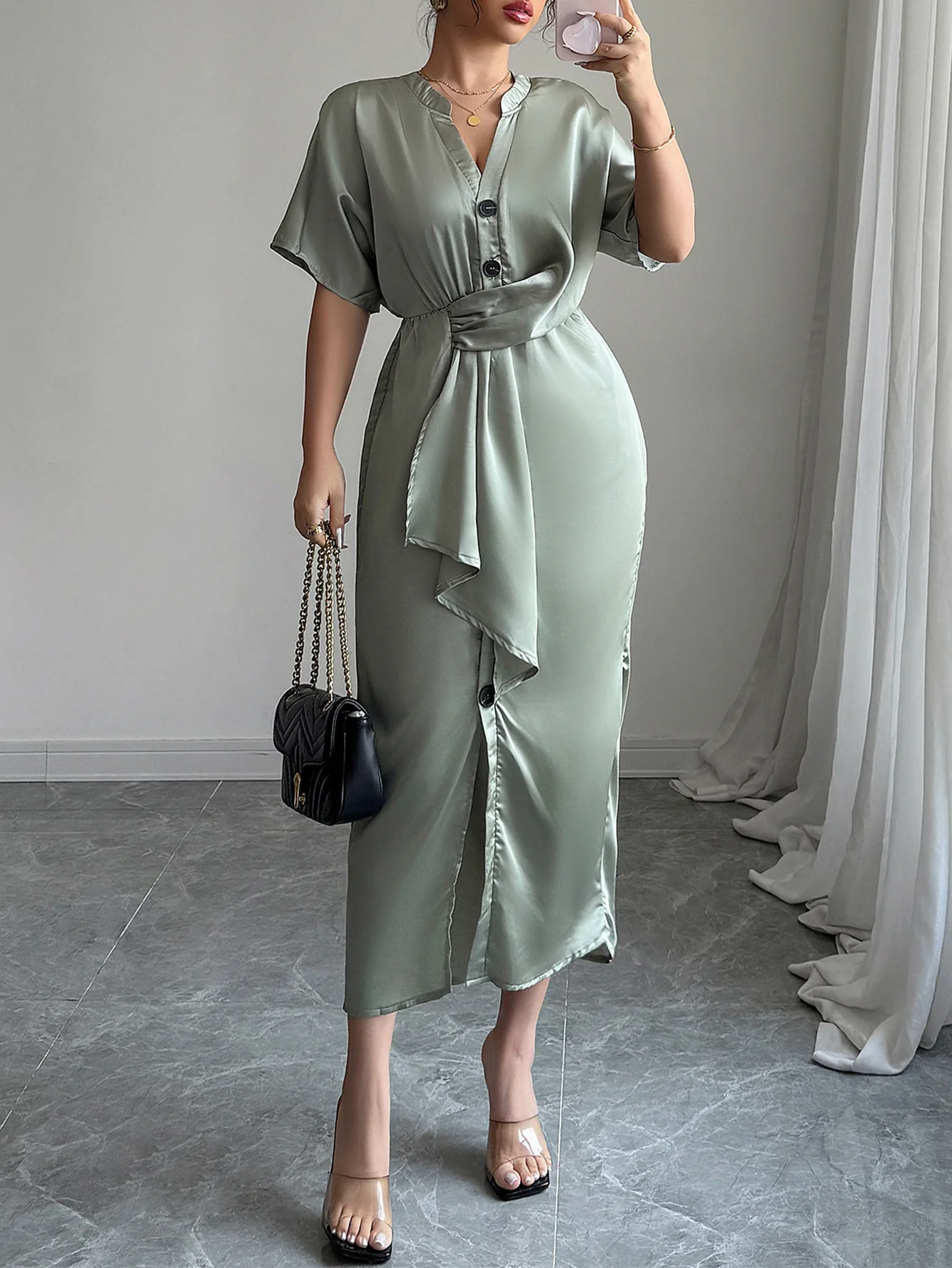 

Elegant Temperament Women's V-Neck Side Open Waist Dress, Summer Elegant Slim Fit Solid Color Single Breasted Shirt Dress