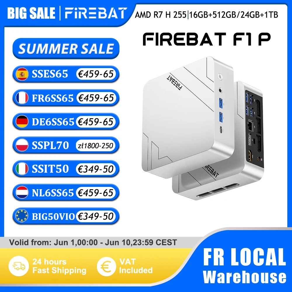 Firebat Mini PC F1 P AMD Ryzen 7 H 255 DDR5 16GB 24G 512GB 1TB SSD Windows 11 Pro Mini ordinateur de bureau USB 4.0 Wi-Fi 6 BT 5.2