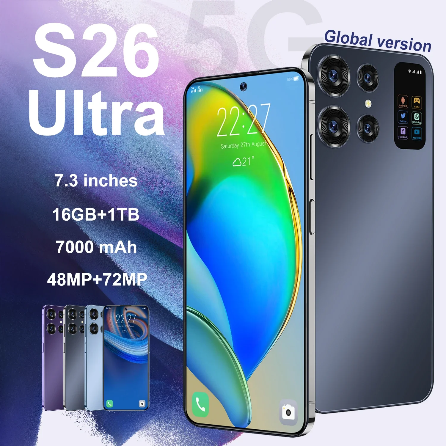 

Смартфон S26 Ultra, 7,0 дюйма, HD +, Android 13, 16 ГБ + 1 ТБ, 7000 мАч