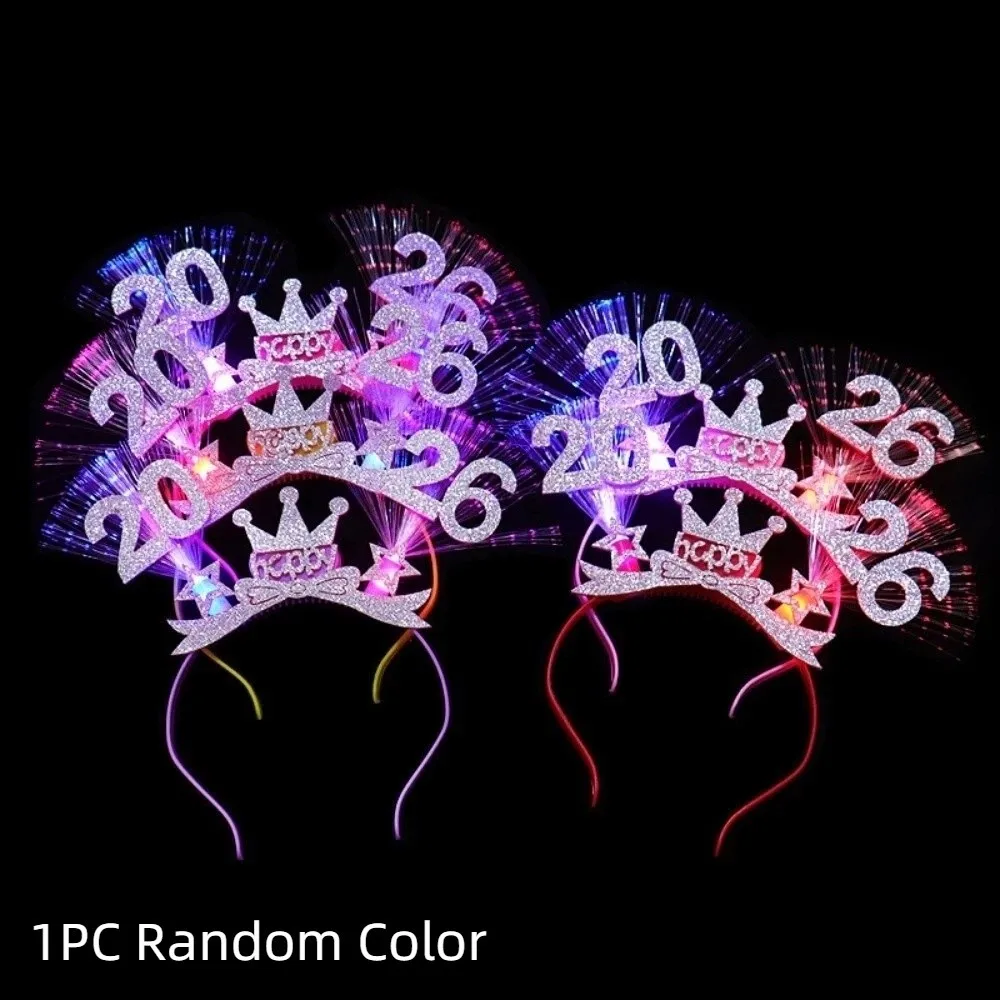 LED Glow 2026 Happy New Year Headband Number Letter Optic Fiber Light Up 2026 Glow Sticks Photographic Headwear Plastic
