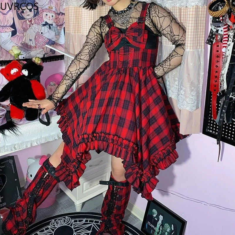 Japanese Y2k Punk Style Lolita Jsk Dress Women Red Bow Plaid Irregular Ruffles Dresses Autumn Clothes Vintage Gothic Party Dress