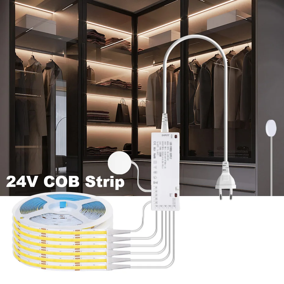 1m-5m COB Led Strip Cabinet Light DC 24V Penetrable Wood Touch Dimmer Switch Wardrobe Cupboard Showcase Pantry DIY Lights Strip