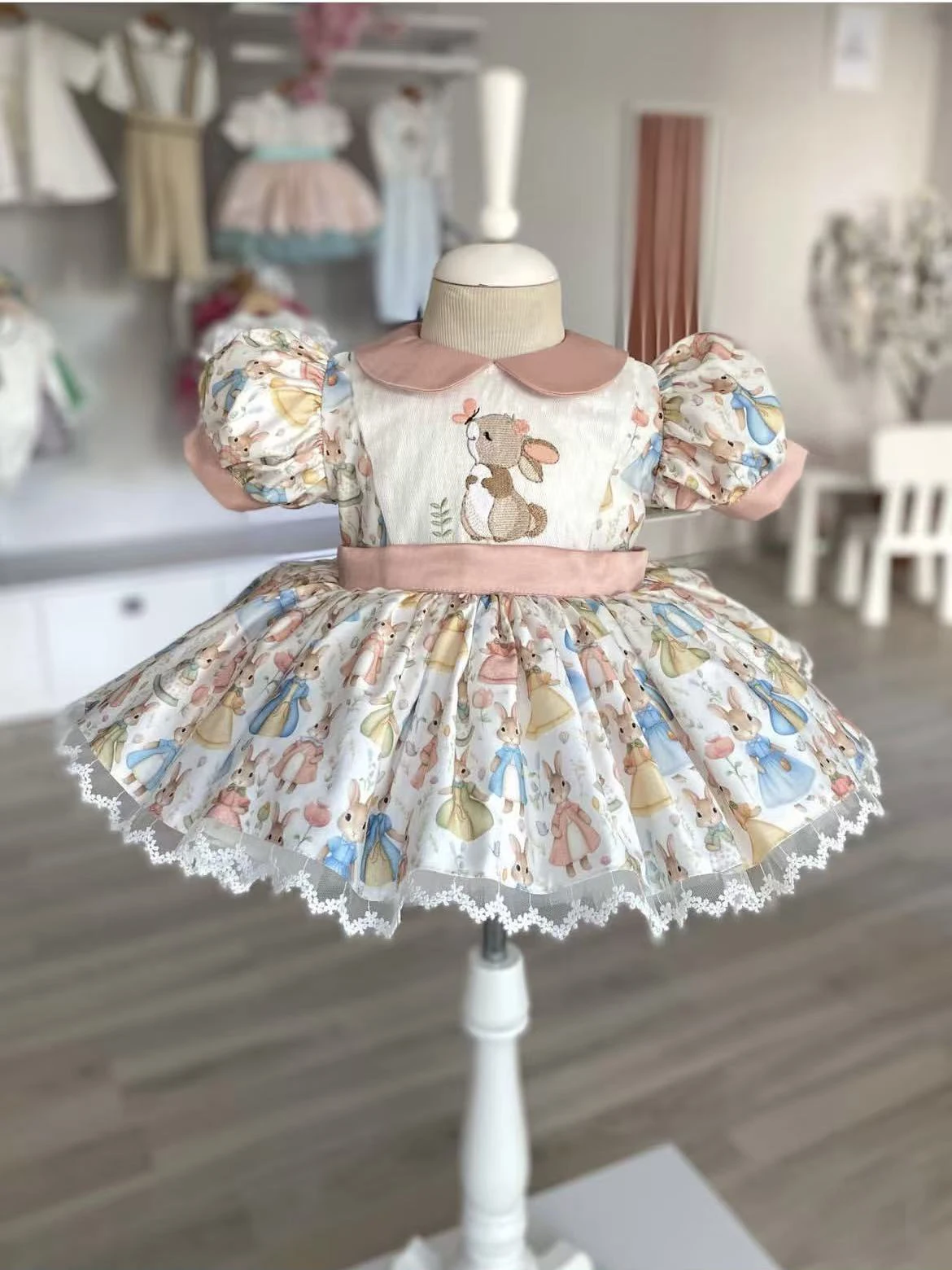 

0-12Y Baby Girl Summer Rabbit Embroidery Vintage Princess Dress for Birthday Photography Holiday Eid B524