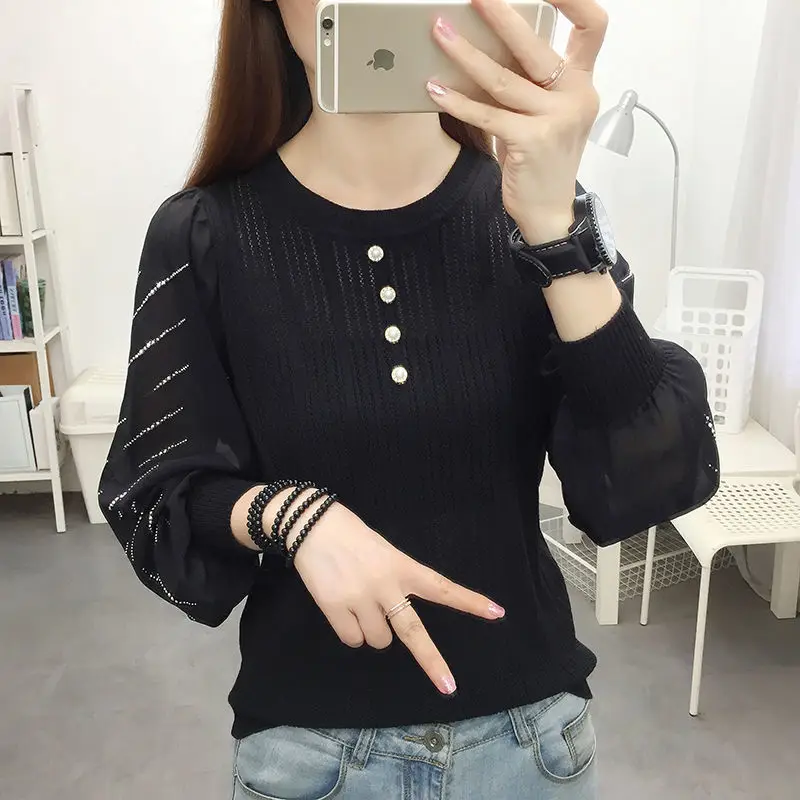 Fashion Chiffon Knitted Patchwork Pullovers Female Clothing Casual O-Neck Spring Autumn Long Sleeve Fashion Pearl Button T-shirt