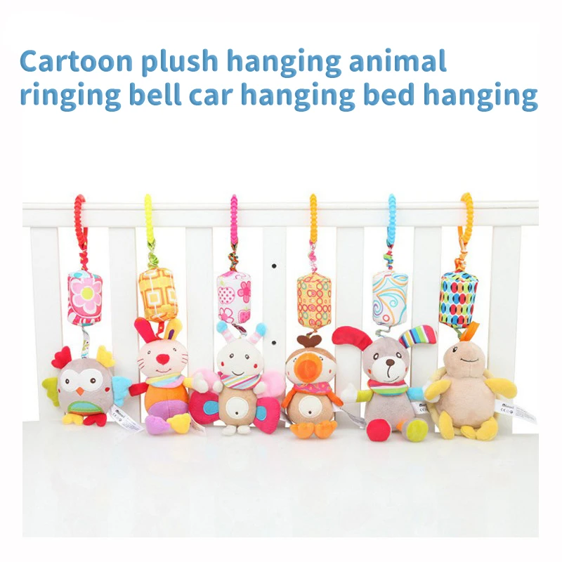 Baby Hanging Rattle Toys Sensory Soft Learning Toy Cartoon Animal Stuffed Bed Bell Toy Infant Development Handle Toy 0-24 Months