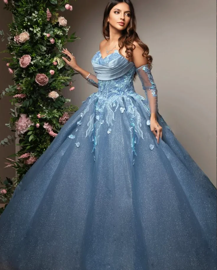 

Sparkly Grey Blue Evening Formal Dresses Gillter Floral Applique Remove Sleeve Customsized Prom Gala Gown Customsized