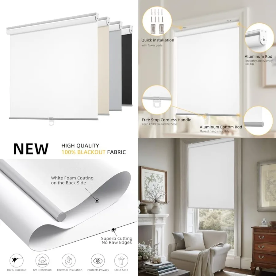 

Cordless Free-Stop 100% out Blinds for Windows, Roller Windows Shades with Thermal Insulated, UV Protection Fabric for Living R
