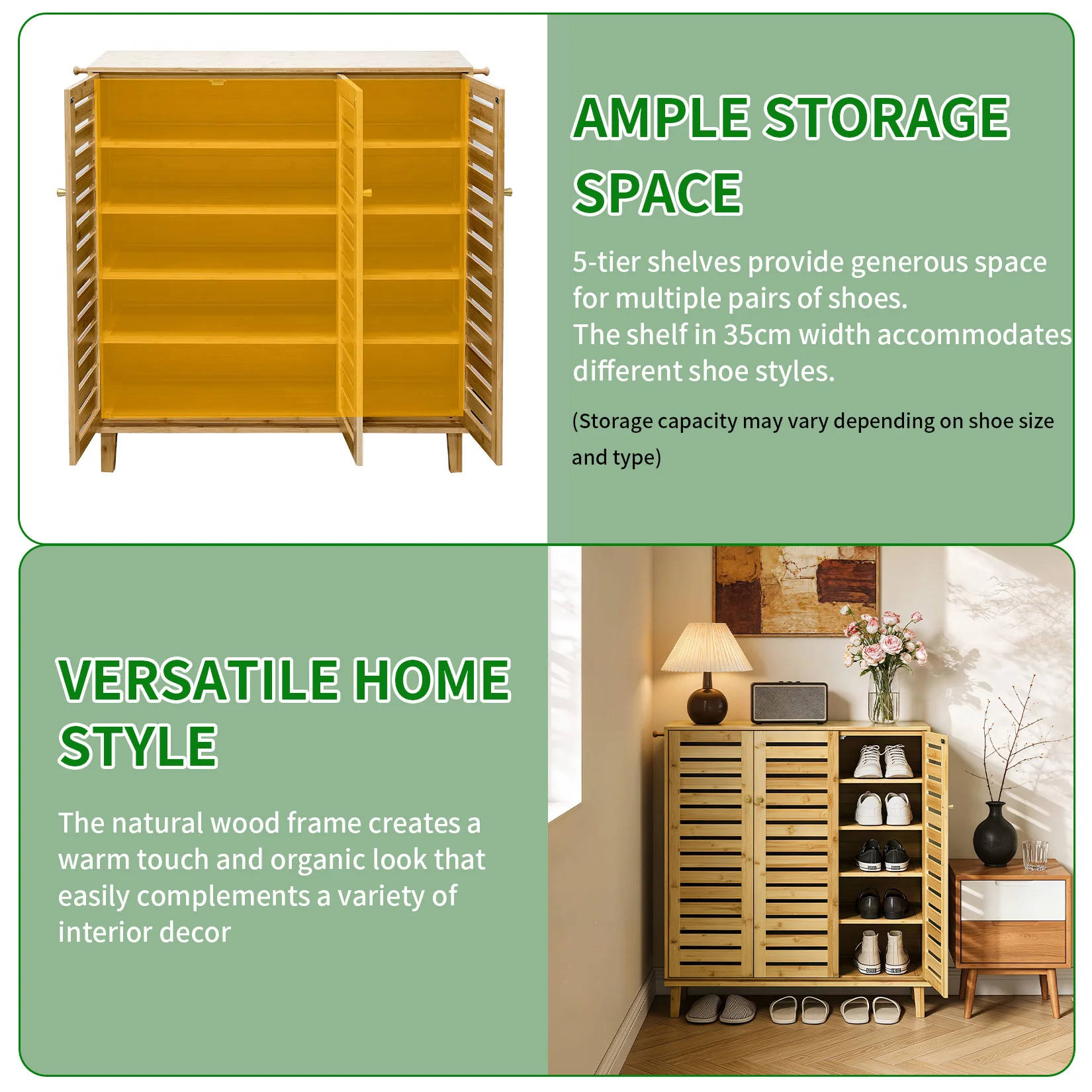 Bamboo Shoe Storage Cabinet with Slatted Doors, 5-Tier Wooden Shoe Organizer Cupboard for Entryway Hallway, Freestanding Large Shoe Rack with Side Hooks & Magnetic Closure