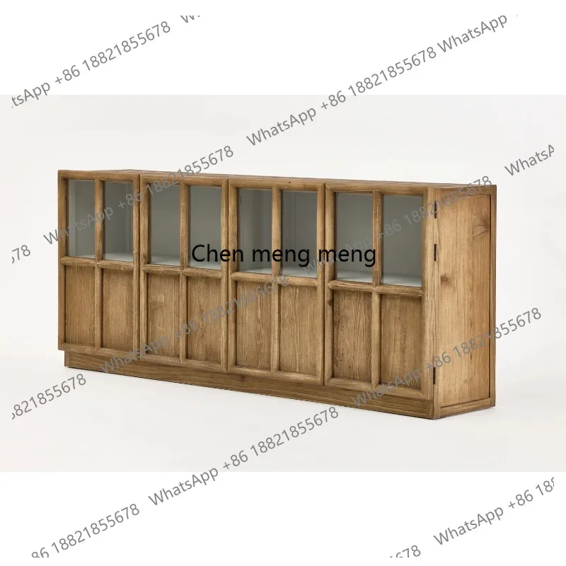 

French Country-style Solid Wood Cabinet in a Retro Minimalist Style with Glass Doors, Living Room Recycled Solid Wood Furniture