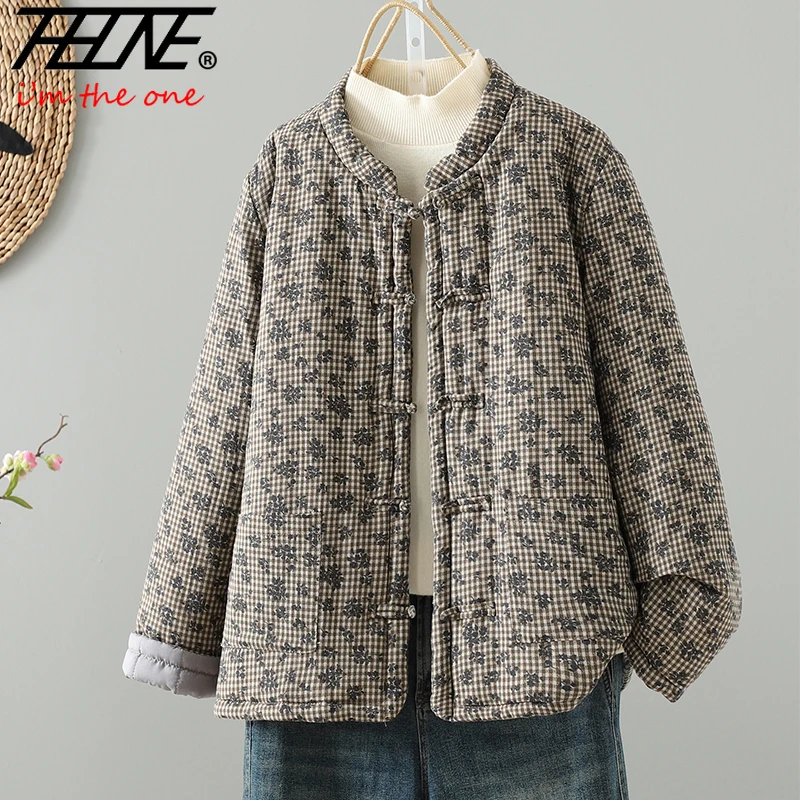 THHONE Giacca invernale Parka Donna Plaid Addensare Abito caldo Vintage Casual Stile cinese Cappotto di lino in cotone allentato Capispalla Top