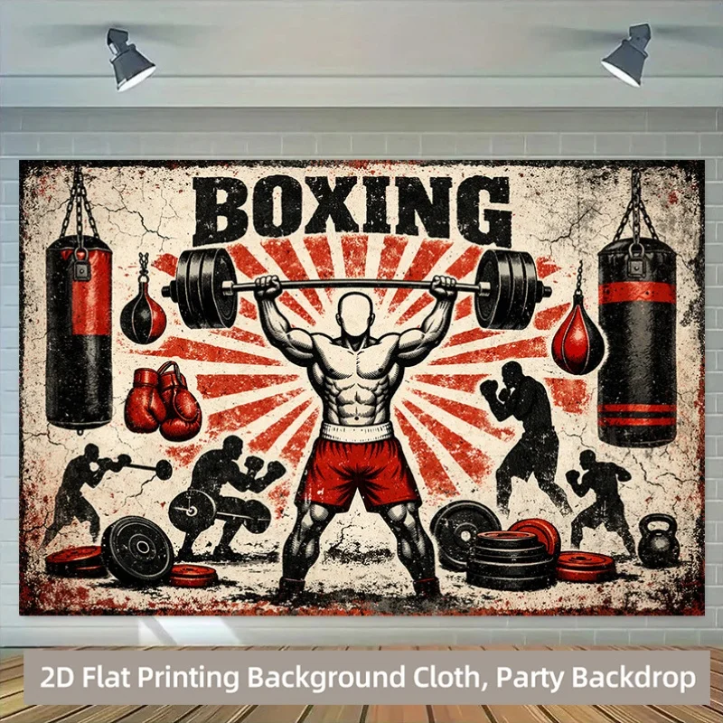 1 Stück 2D-Flachbanner-Hintergrundstoff, Polyester-Hintergrundstoff mit Fitness-Illustration im Boxstil