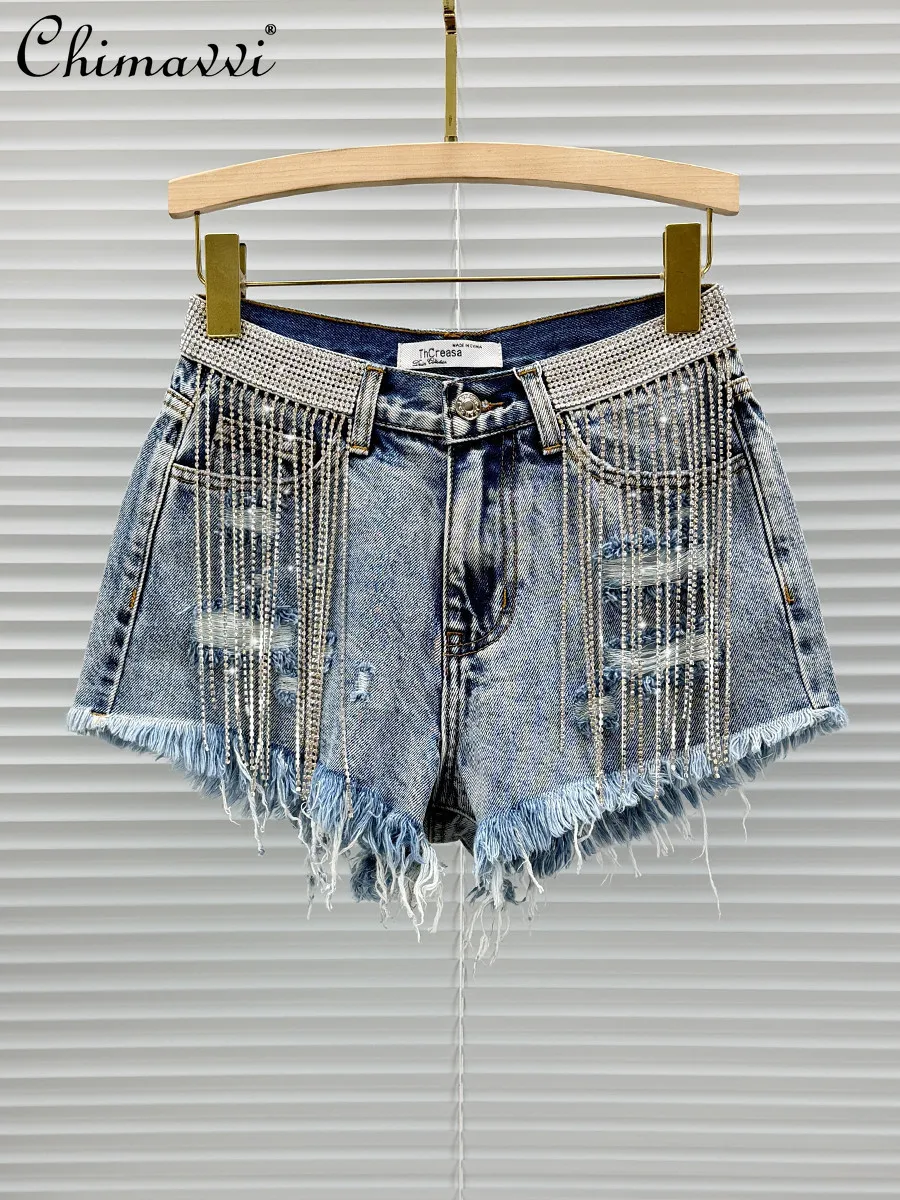 

Fashion Fringe-trimmed Diamond Ultra-short Denim Shorts for Women 2026 Summer New High-waisted Loose Wide-leg Hot Pants
