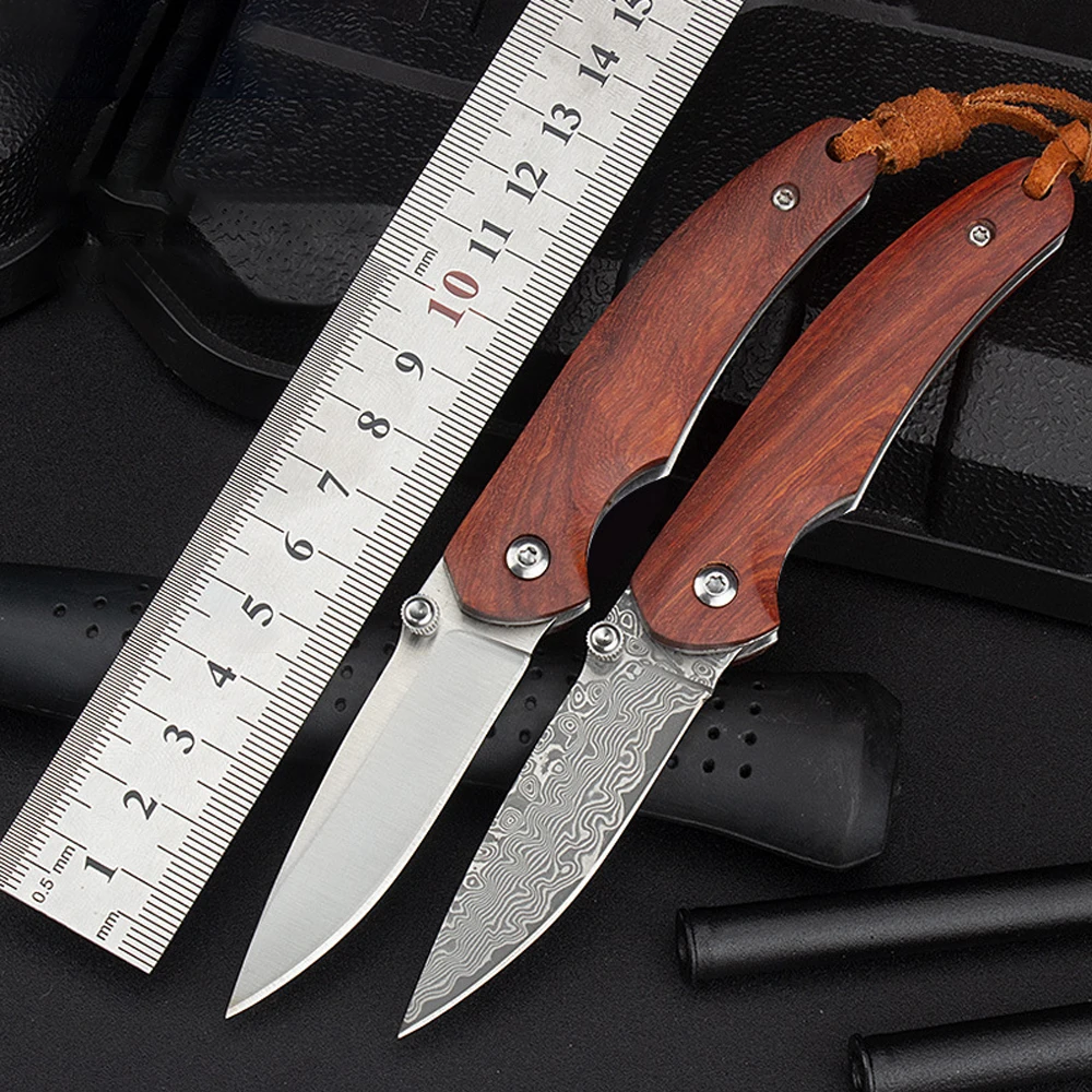 Wood Handle Damascus Pocket Knife For Men Outdoor Folding Tactical Hunting Knives Foldable Sharp Survival Travel Camping Knifes