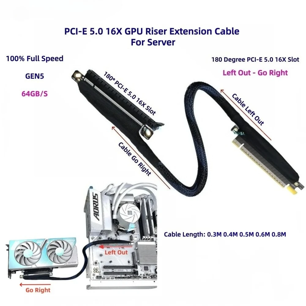PCI-E 5.0 16X to PCIe X16 Graphics Card GEN5 GPU Riser Extension Cable 64GB/S 0.4M 0.5M 06M 0.8M for AI Server RTX5090 A100 H100