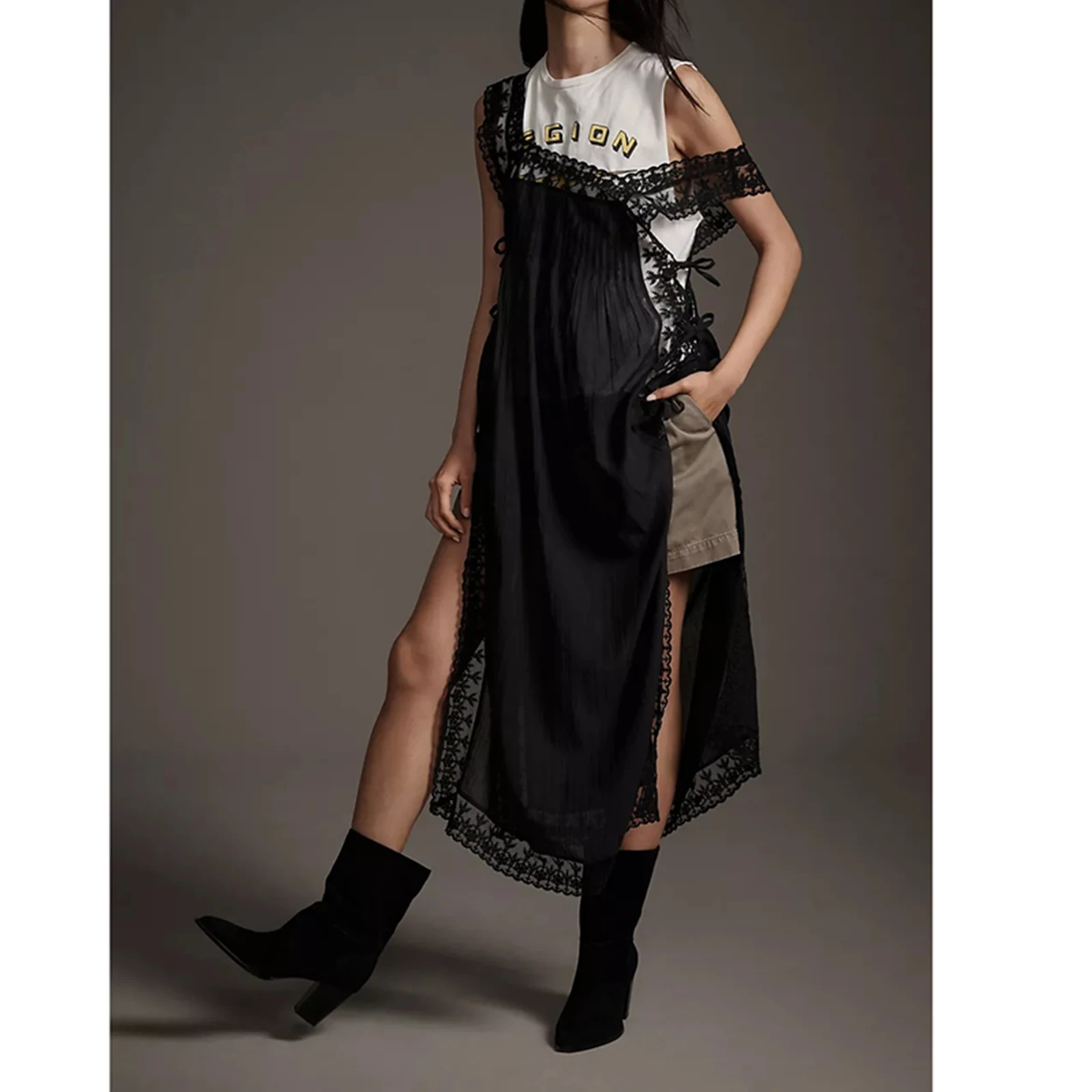 Abito da spiaggia vintage Boho da donna Abito estivo casual senza maniche con allacciatura sul davanti in pizzo Abito da canotta per feste da vacanza Abbigliamento quotidiano Streetwear