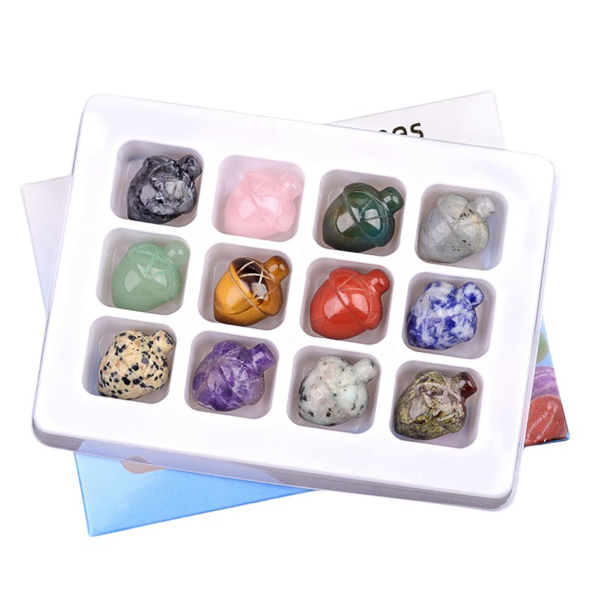 Natural Polished Crystal Gemstone Carving Acorn Craft Set Decoration for Home Office Handmade Craved 12pcs Stone Beads in Box